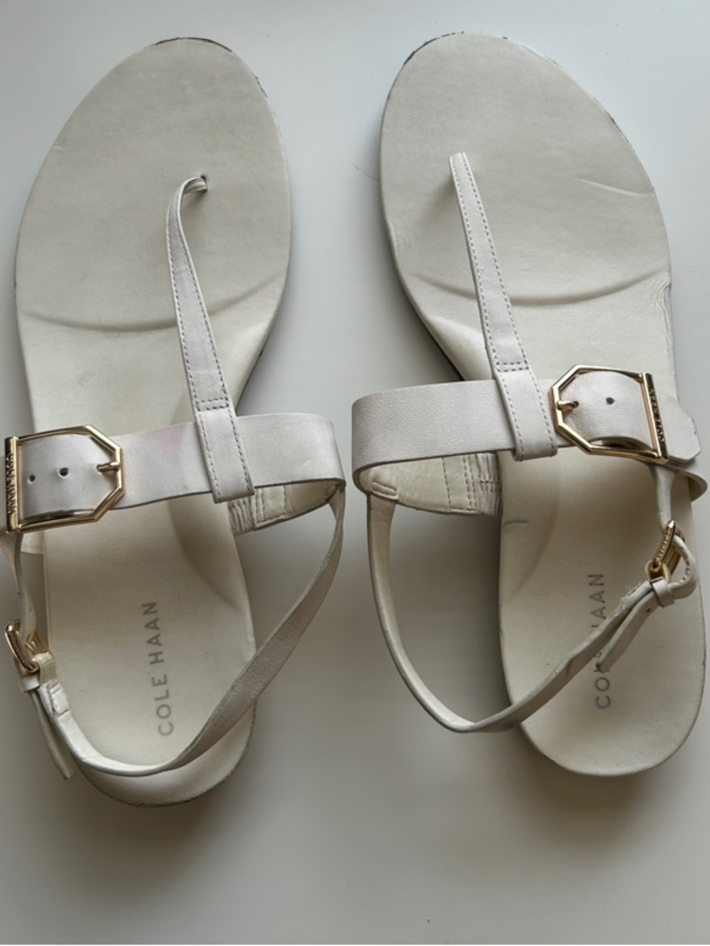 Cole Haan Francine Demi Wedge T-Strap Sandals with Gold Buckles 9B - Picture 4 of 12